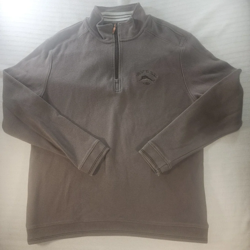Tommy Bahama Relax Mens Large Taupe Brown 100% Cotton Quarter Zip Pullover
